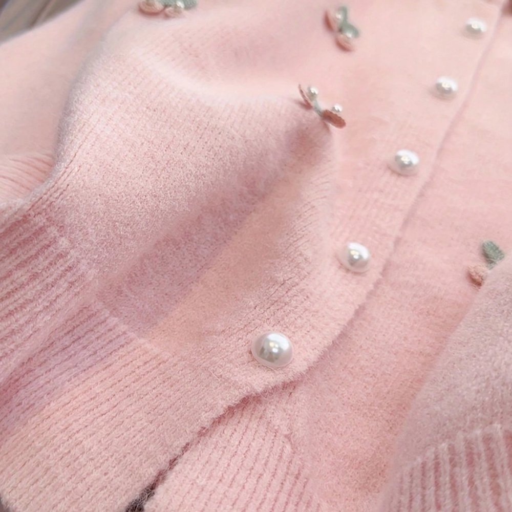 Blush Meadow Embroidered Faux Pearl Cherry Sweater Cardigan - Picture 5 of 5